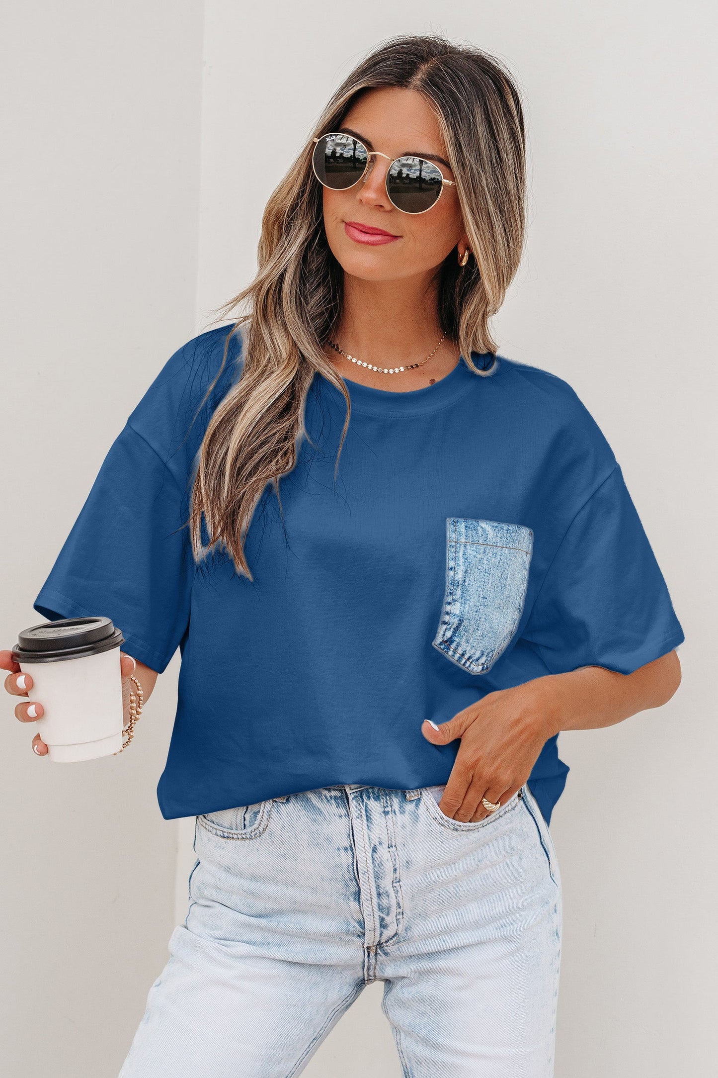 Colorblock Chest Pocket Patch Short Sleeve Top