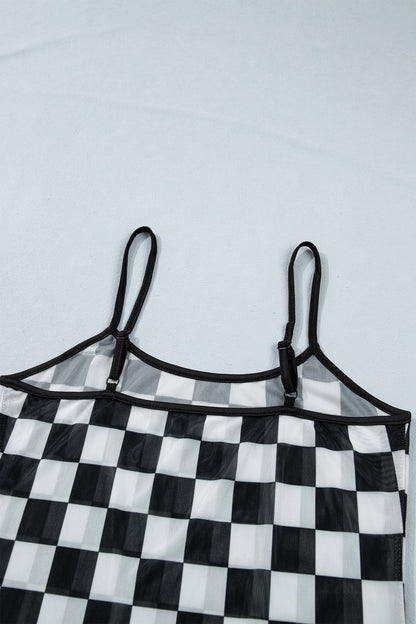 Checker Sheer Mesh Spaghetti Strap Tank Top