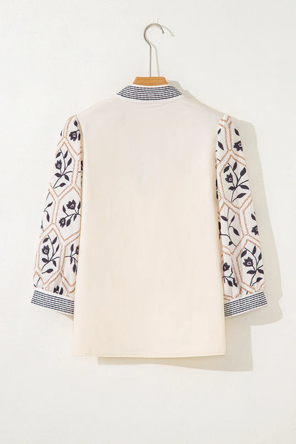 Floral Patchwork Contrast V-Neck Puff Sleeve Blouse