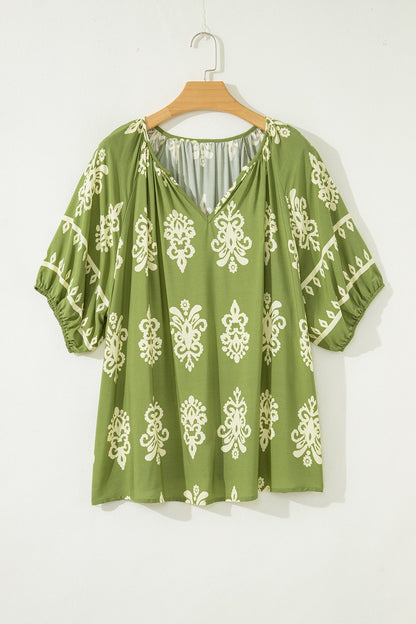 Plus Size Boho Floral Boho Notch V-Neck Top