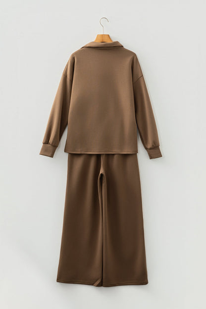 Solid V-Neck Top and High Waist Pants Set