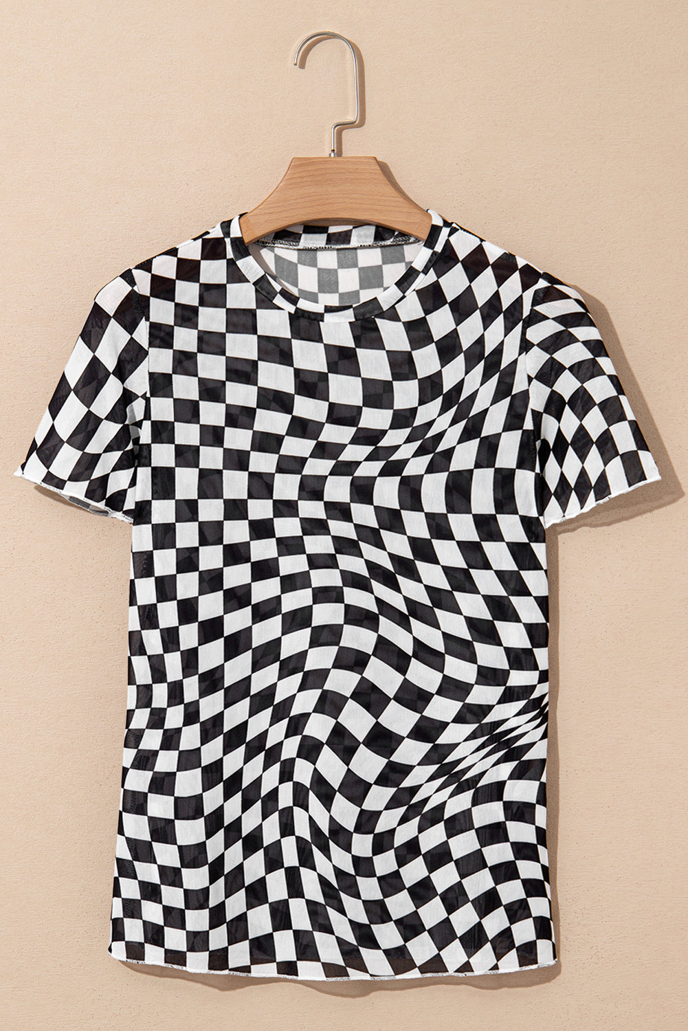 Short Sleeve Checkered Mesh Crew Neck T Shirt - Black