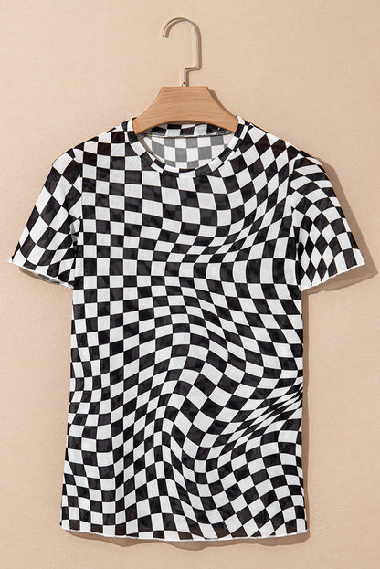 Short Sleeve Checkered Mesh Crew Neck T Shirt - Black