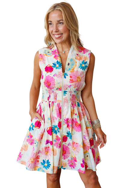 Floral Zip Up V-Neck Smocked Flared Mini Dress