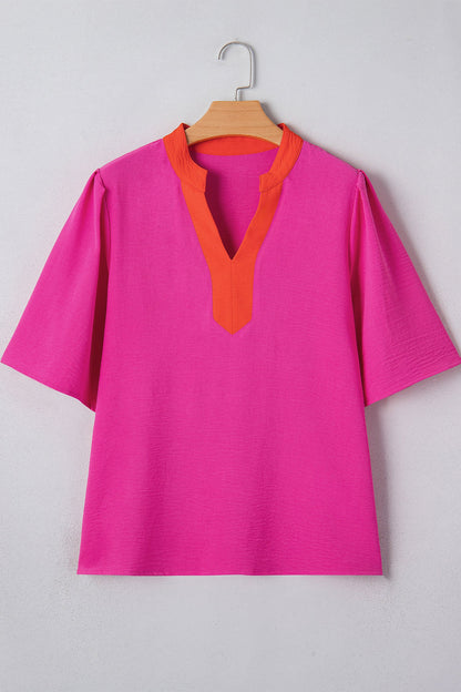 Colorblock Contrast V-Neck Wide Short Sleeve Top