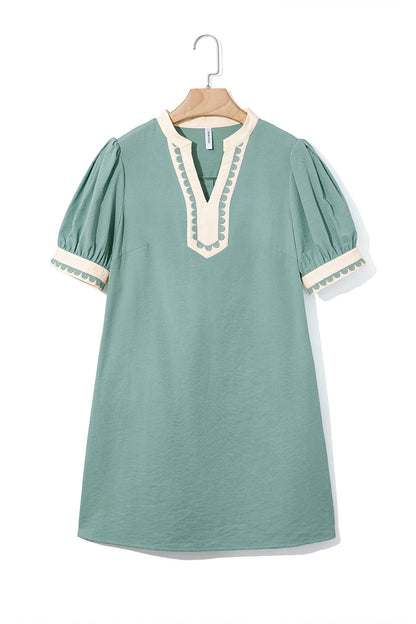 Scallop Trim Colorblock Puff Sleeve Mini Dress