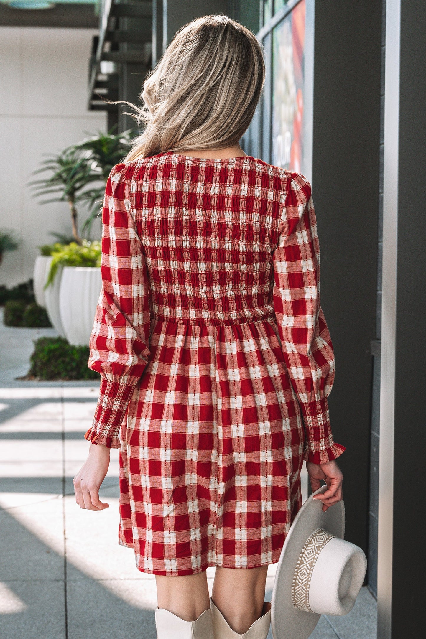 Gingham Plaid Smocked Puff Sleeve Mini Dress