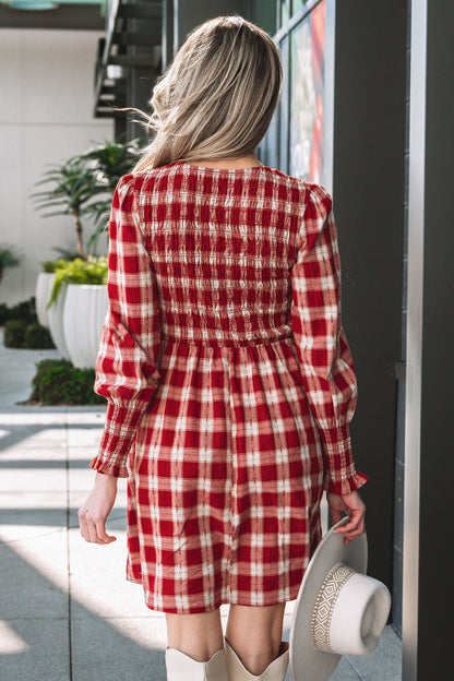 Gingham Plaid Smocked Puff Sleeve Mini Dress