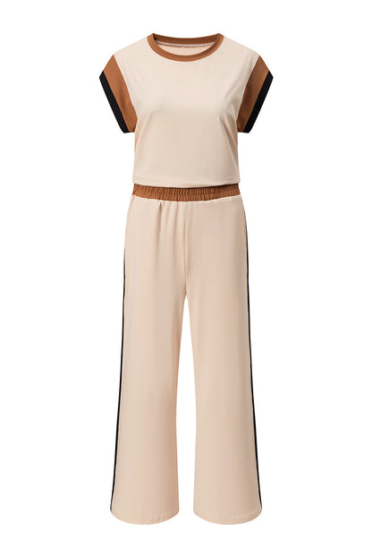 Colorblock Short Sleeve Top & Wide Leg Pants Set