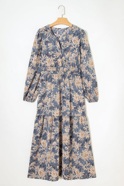 Floral Smocked High Waist Long Sleeve Dress