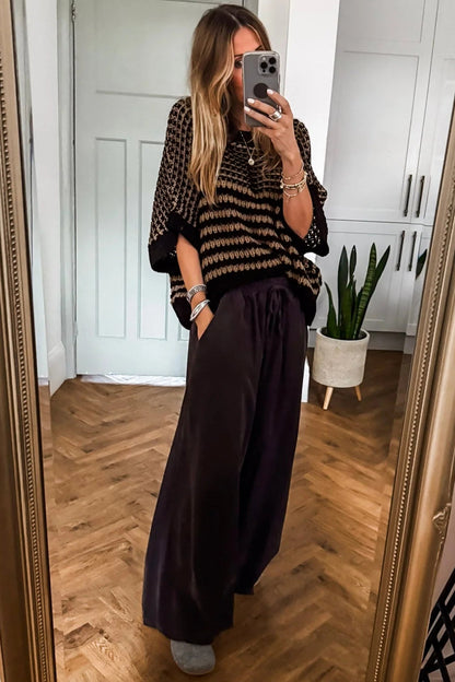 Stripe Draped 3/4 Sleeve Slouchy Sweater