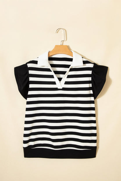 Stripe Collar V-Neck Ruffle Short Sleeve Blouse