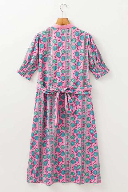 Floral Puff Sleeve Button Front Belted Midi Dress