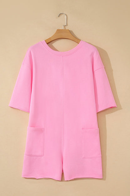 Solid Raw Edge Short Sleeve Pocketed Romper