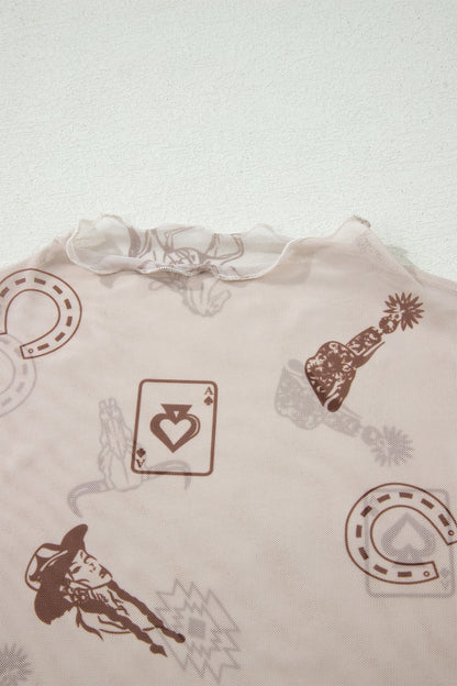 Western & Leopard Mesh Short Sleeve Top