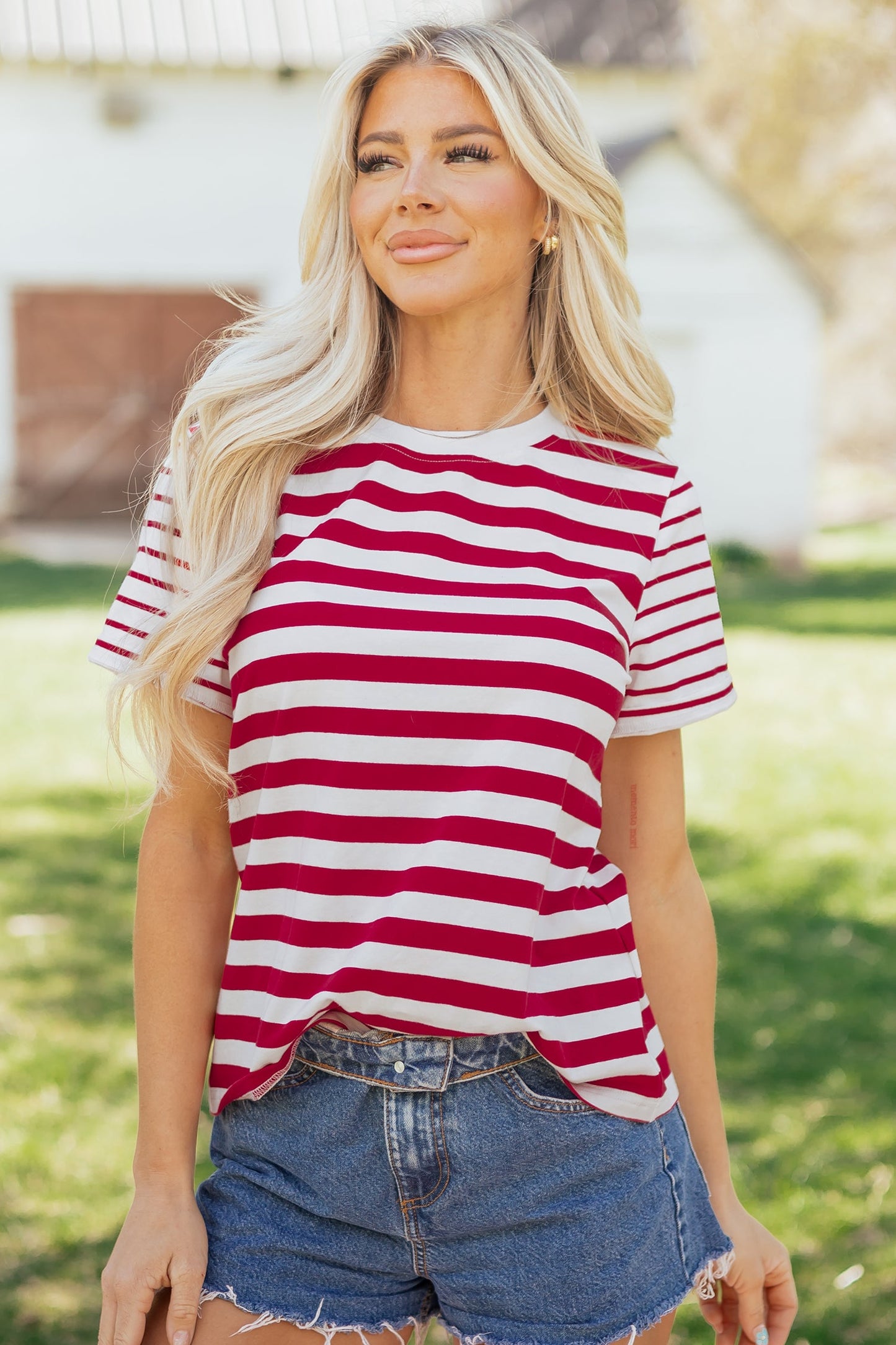 Stripe Patchwork Round Neck Short Sleeve T-Shirt
