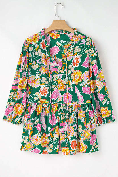 Plus Size Floral Long Sleeve V-Neck Babydoll Top