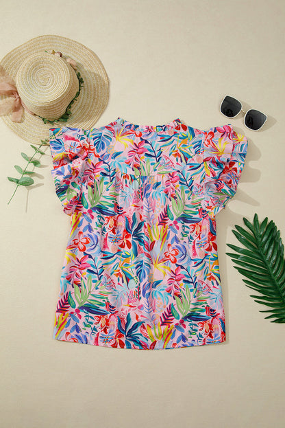 Floral Frilled Notch Neck Ruffle Sleeve Blouse
