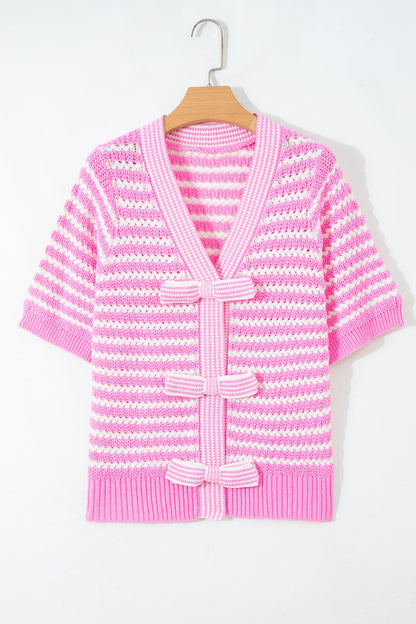 Stripe Bow Tie V-Neck Short Sleeve Sweater