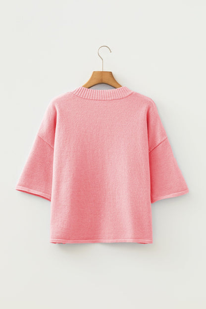 Solid 3/4 Sleeve Boxy Button-Down Cardigan