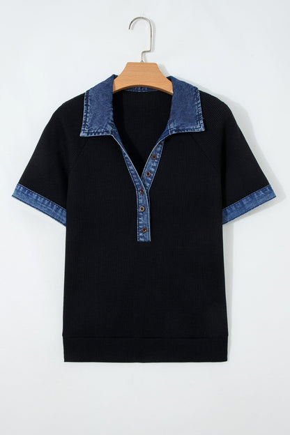 Denim Polo Collar Waffle Knit Patchwork Top