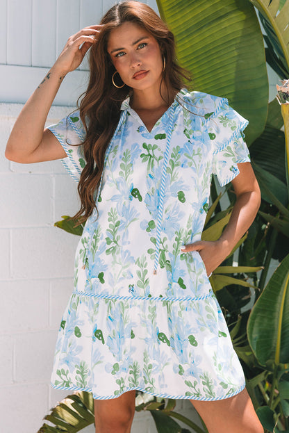 Floral V-Neck Layered Short Sleeve Mini Dress