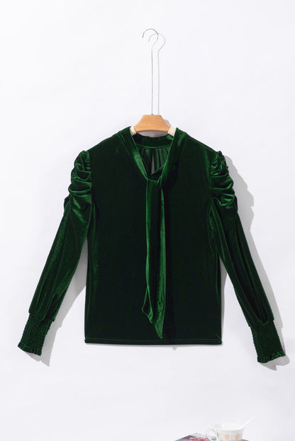Velvet Mock Neck Puff Sleeve Blouse
