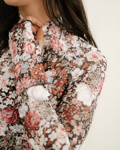 Raelynn Floral Print Mesh Mock Neck Slim Blouse - Brown