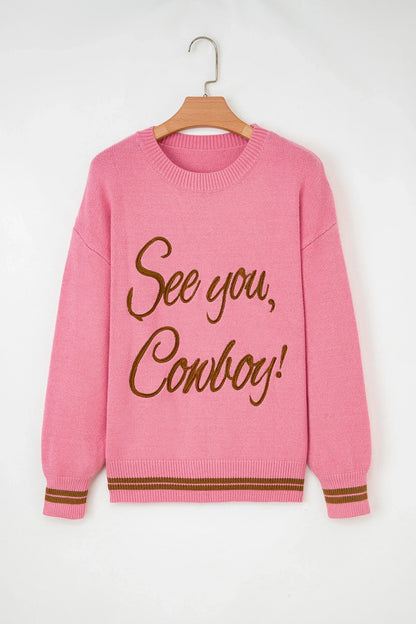 Western See You Cowboy Embroidered Stripe Cuff Sweater