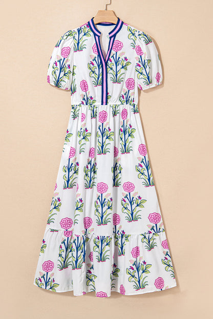 Floral Puff Sleeve V-Neck Maxi Dress