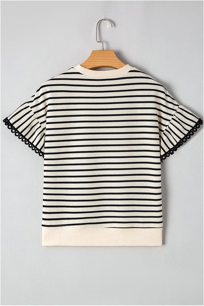 Stripe Scallop Lace Trim Ruffle Short Sleeve Top