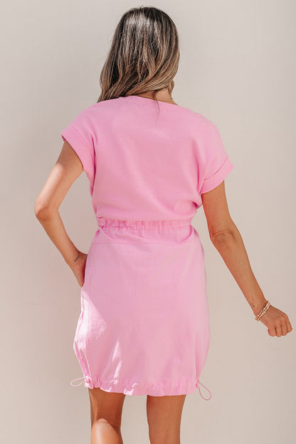 Solid Ribbed Knit Patchwork Drawstring Mini Dress