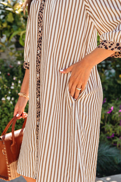 Stripe Leopard Trim 3/4 Sleeve Midi Shirt Dress