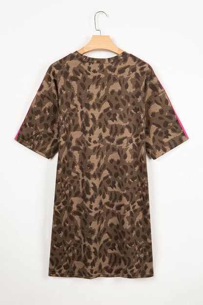 Leopard Contrast Stripe Mini T-Shirt Dress w/ Pockets