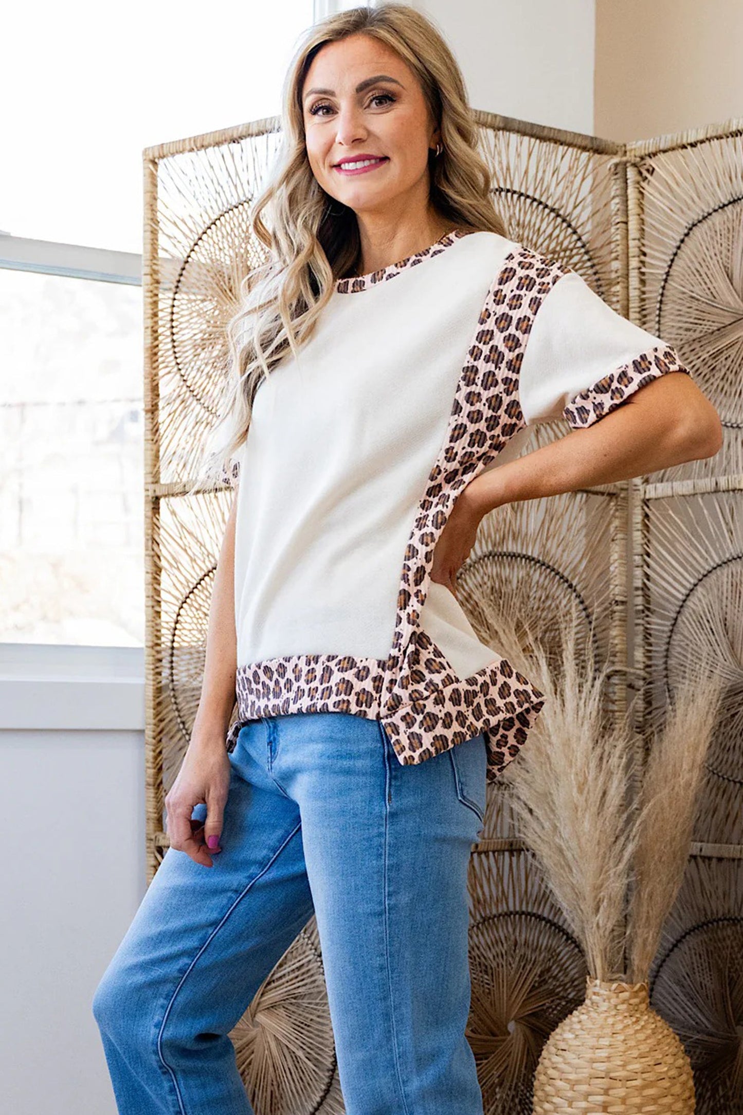 Leopard Ribbed Patchwork Uneven Hem T-Shirt