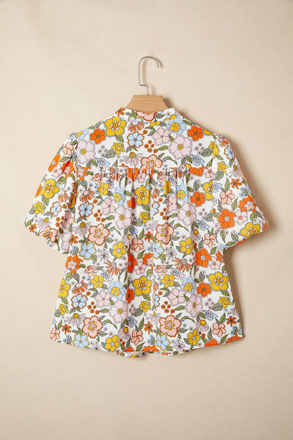 Boho Floral Crochet V-Neck Puff Sleeve Blouse