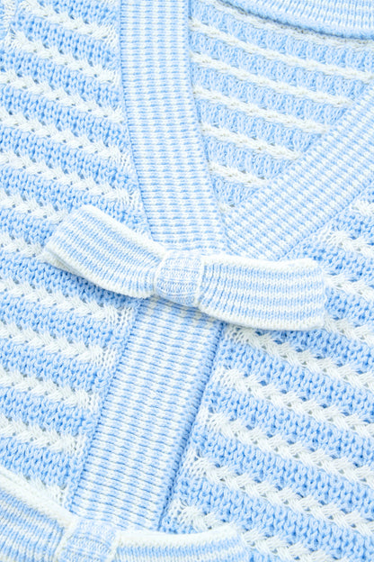 Stripe Bow Tie V-Neck Short Sleeve Sweater