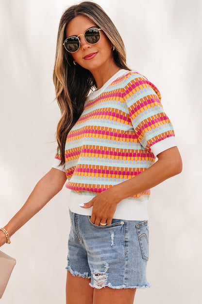 Abstract Stripe Short Sleeve Sweater Knit Top