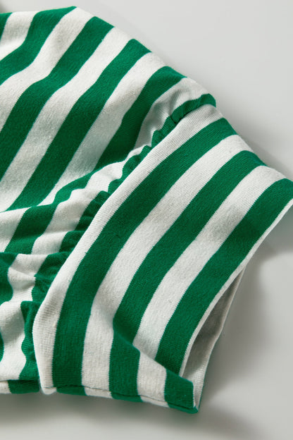 Stripe Collared V-Neck Short Puff Sleeve Top