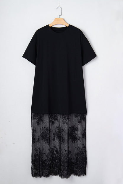 Solid Lace Patchwork Short Sleeve Maxi Dress