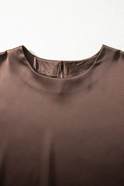 Asymmetric Lace Trim Satin Short Sleeve Top