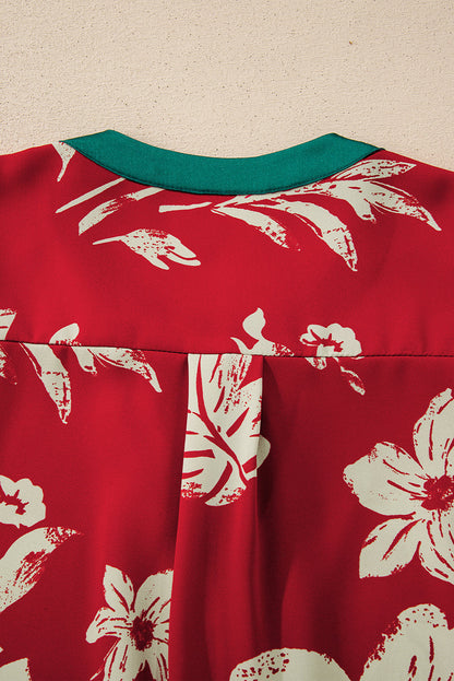 Flower Tied Neck Shirred Puff Sleeve Blouse