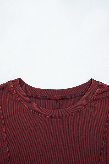 Solid Ribbed Knit Buttoned Long Sleeve Top