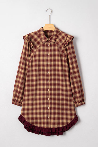 Plaid Patchwork Ruffle Hem Long Sleeve Mini Dress