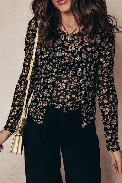 Black Floral Print Mesh Tank Button Front Slim Cardigan 2pcs Set