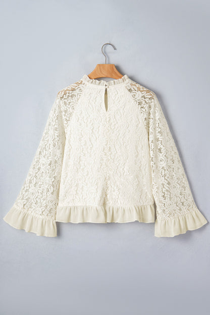 Sheer Lace Ruffle Trim Long Sleeve Blouse