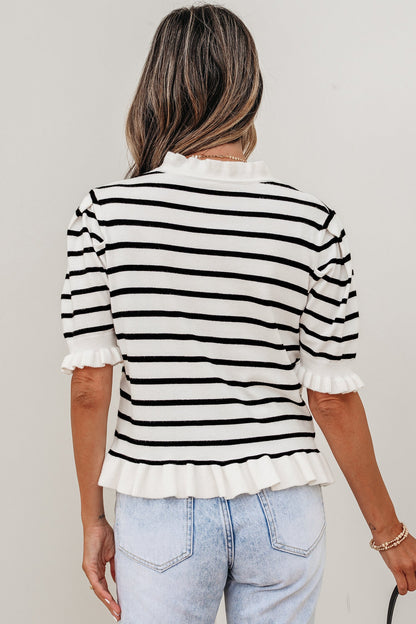 Stripe Ruffle Knit Short Sleeve Buttoned Cardigan