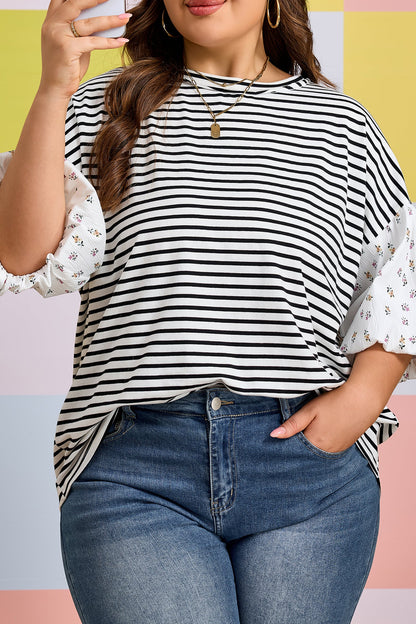 Plus Size Stripe Floral Patchwork Puff Sleeve Top