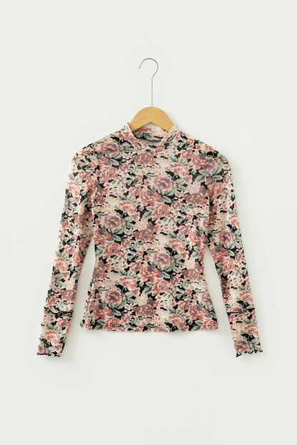 Floral Mesh Mock Neck Long Sleeve Top