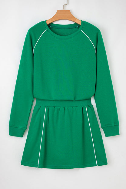 Patchwork Contrast Piping Pullover and Mini Skirt Set